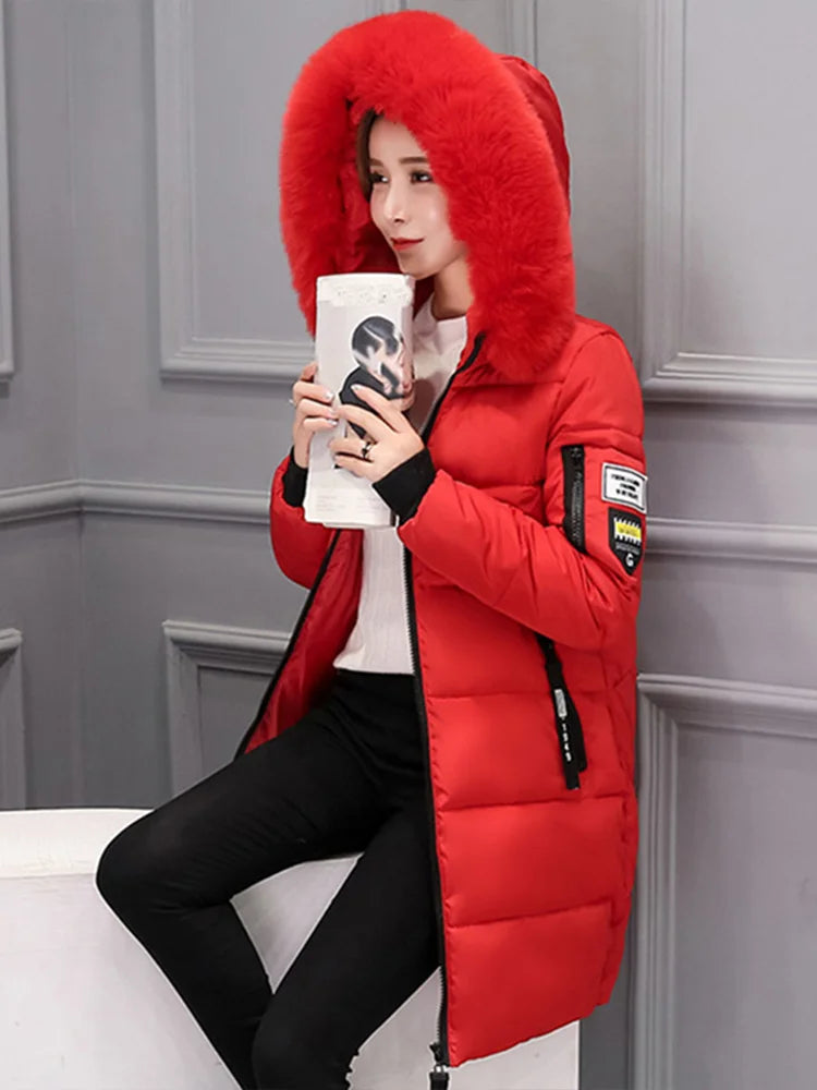 Winter Warme Pelz Kragen Mit Kapuze Frauen Parka Mode Komfortable Zipper Taschen Design Lange Jacke Elegante Dünne Dicke Weibliche Mäntel