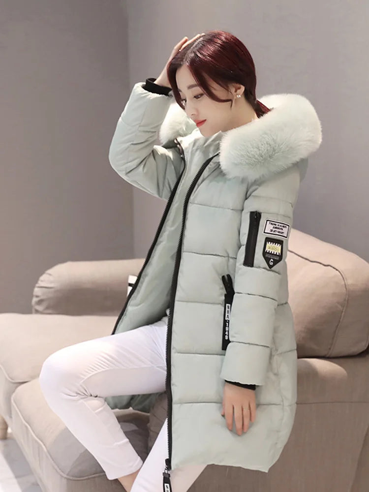 Winter Warme Pelz Kragen Mit Kapuze Frauen Parka Mode Komfortable Zipper Taschen Design Lange Jacke Elegante Dünne Dicke Weibliche Mäntel