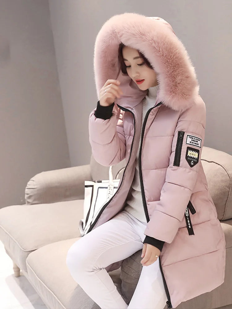 Winter Warme Pelz Kragen Mit Kapuze Frauen Parka Mode Komfortable Zipper Taschen Design Lange Jacke Elegante Dünne Dicke Weibliche Mäntel
