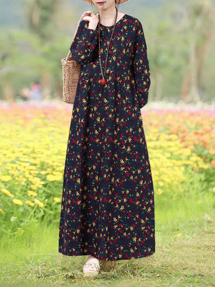 Vintage Blumen Kleid Frau 2025, ZANZEA Herbst Böhmischen Lange Kleider Casual Langarm Maxi Vestidos Lose Robe Femme Oversize
