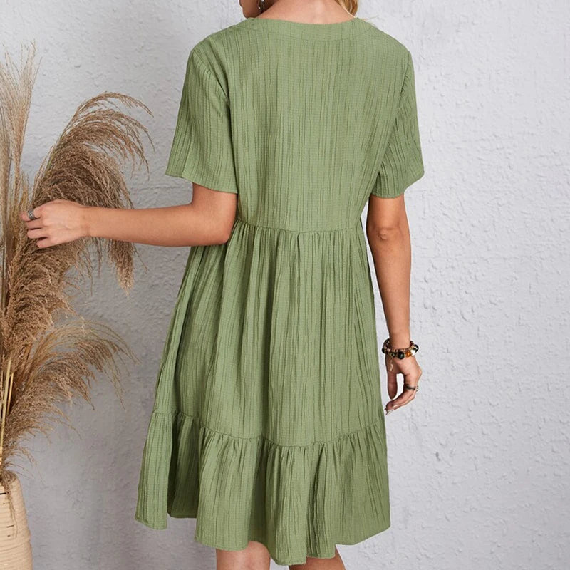 Sommer Casual Frauen Elegante Kurzarm V-ausschnitt Rüschen Kleid Solide Lose Mini Kleid Chic Böhmischen Sommerkleid Strand Party Vestidos