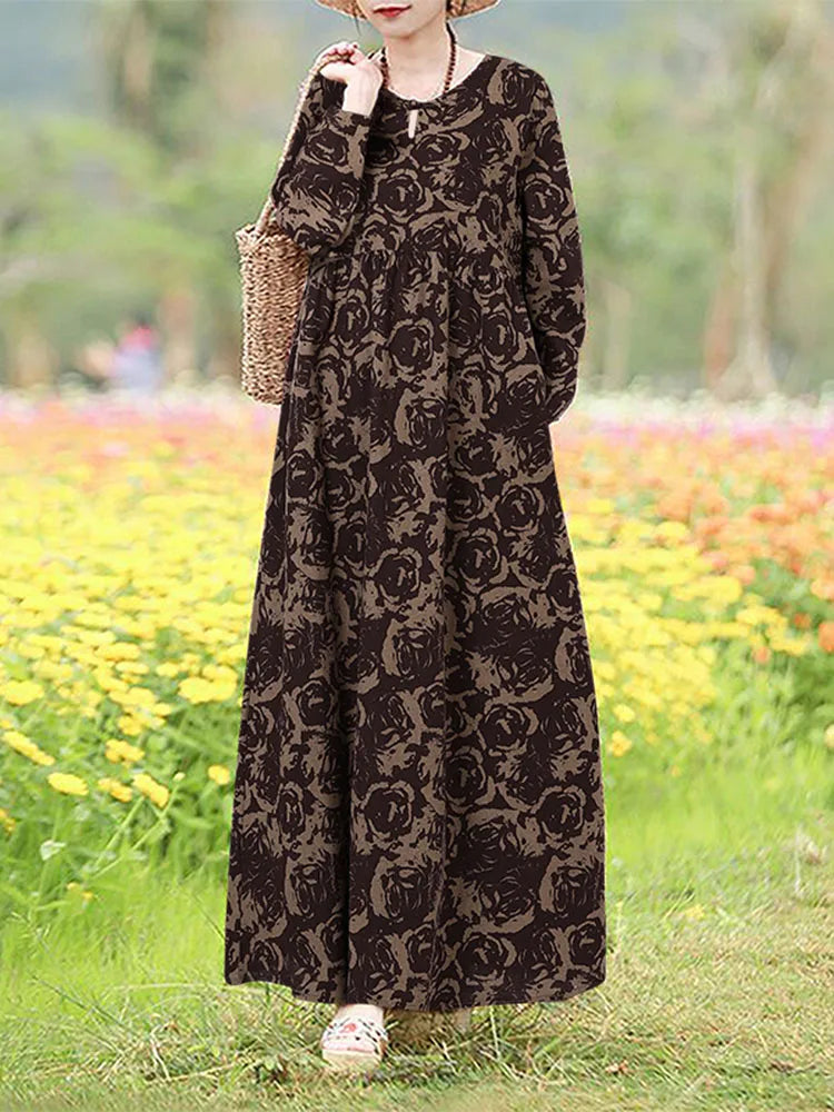 Vintage Blumen Kleid Frau 2025, ZANZEA Herbst Böhmischen Lange Kleider Casual Langarm Maxi Vestidos Lose Robe Femme Oversize