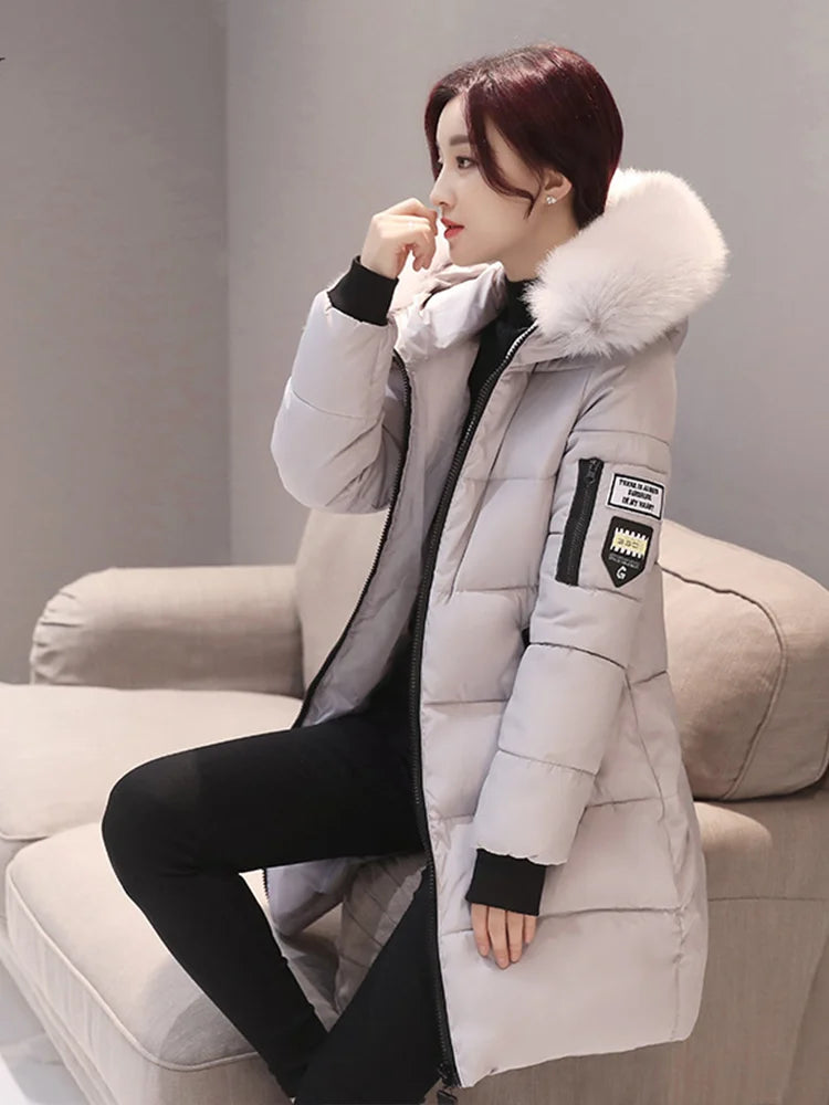 Winter Warme Pelz Kragen Mit Kapuze Frauen Parka Mode Komfortable Zipper Taschen Design Lange Jacke Elegante Dünne Dicke Weibliche Mäntel