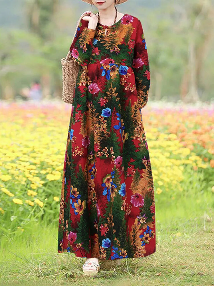 Vintage Blumen Kleid Frau 2025, ZANZEA Herbst Böhmischen Lange Kleider Casual Langarm Maxi Vestidos Lose Robe Femme Oversize