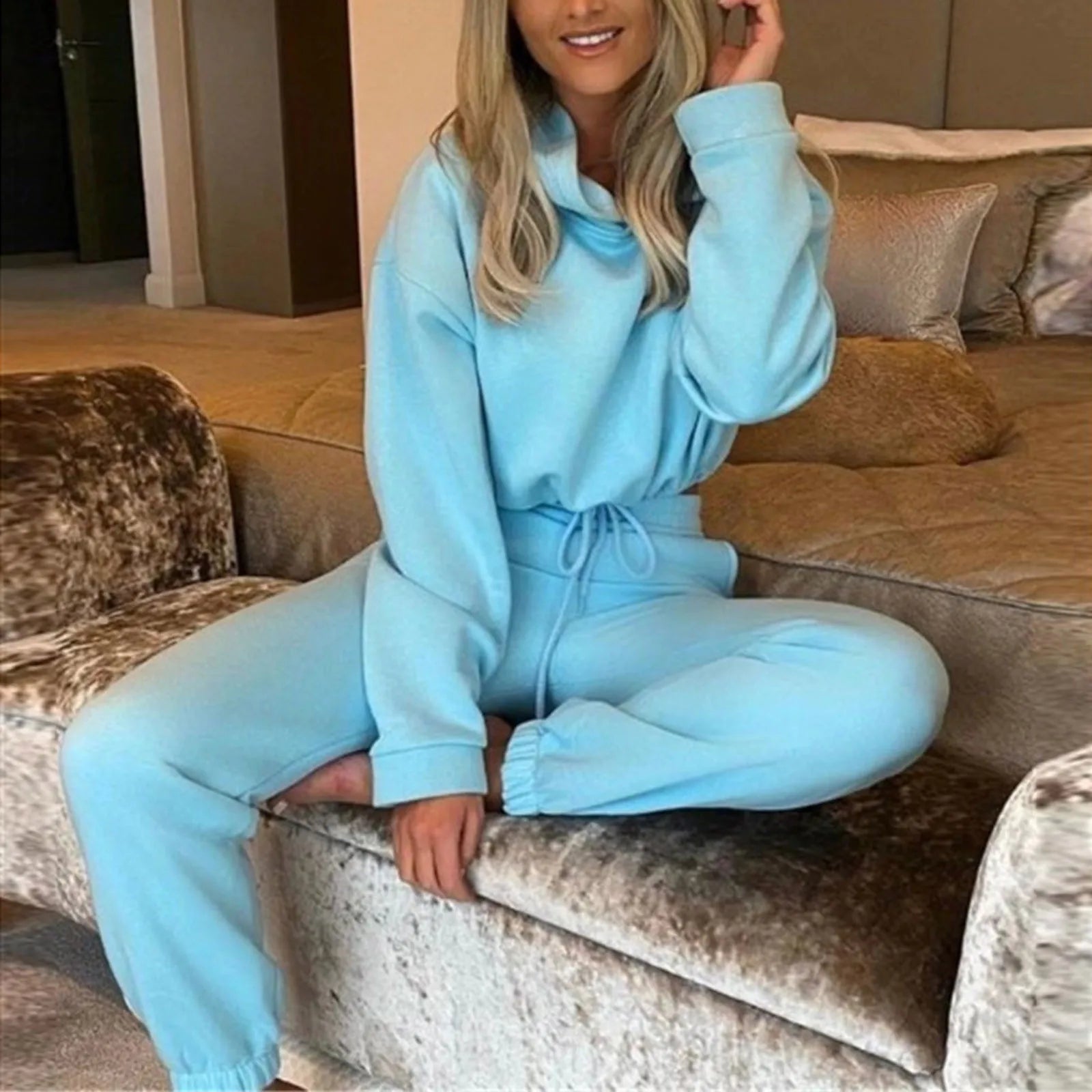 Winter-Trainingsanzug für Damen, zweiteiliges Set – übergroßer Kapuzen-Jogginghose, einfarbiger Sportanzug | Lässiges Sweatshirt-Hosen-Set