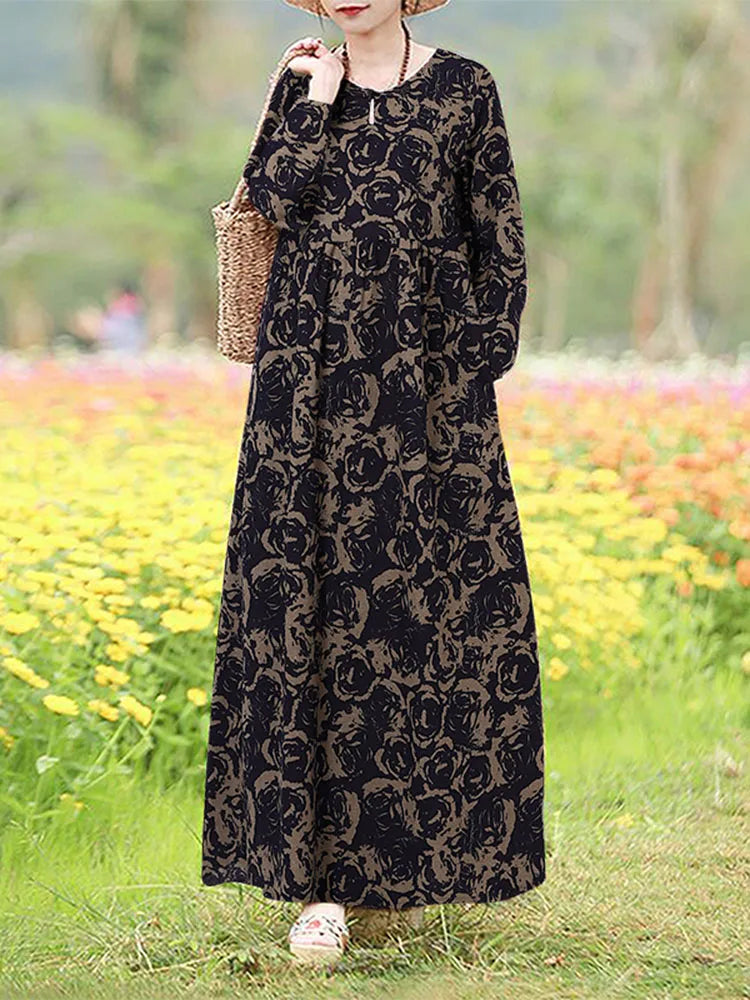 Vintage Blumen Kleid Frau 2025, ZANZEA Herbst Böhmischen Lange Kleider Casual Langarm Maxi Vestidos Lose Robe Femme Oversize