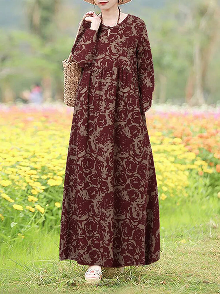 Vintage Blumen Kleid Frau 2025, ZANZEA Herbst Böhmischen Lange Kleider Casual Langarm Maxi Vestidos Lose Robe Femme Oversize
