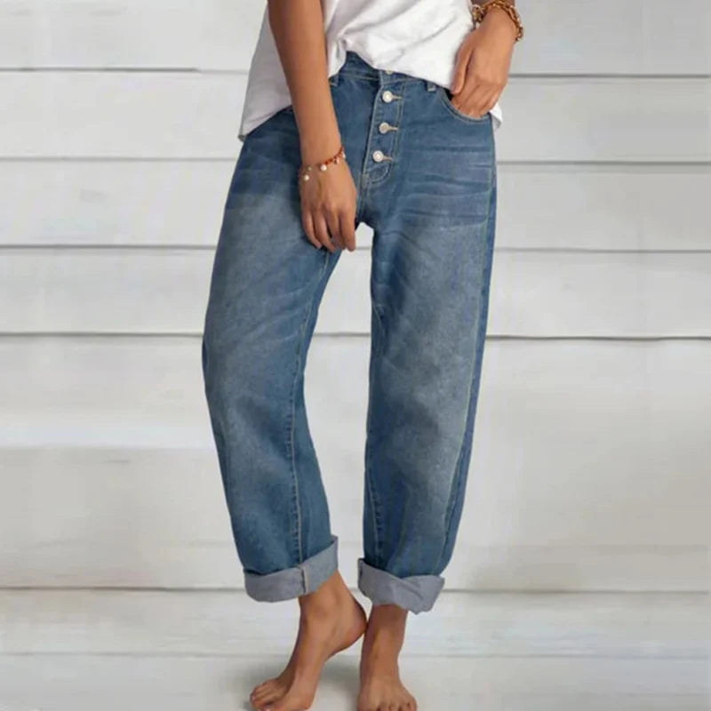 Frauen Jeans Mode Retro Hohe Taille Breite Bein Lose Gerade Hosen Große Größe Einfache und Dünne Arbeitskleidung Boyfriend-Jeans