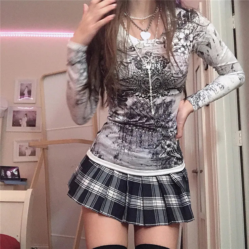 Grunge Cyber Mall Goth Thermo T-Shirt Totenköpfe Grafikdruck Langarm Pullover Tops Damen 90er Jahre Vintage Ästhetische T-Shirts