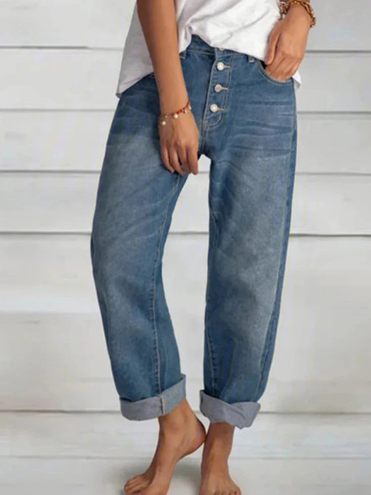 Frauen Jeans Mode Retro Hohe Taille Breite Bein Lose Gerade Hosen Große Größe Einfache und Dünne Arbeitskleidung Boyfriend-Jeans