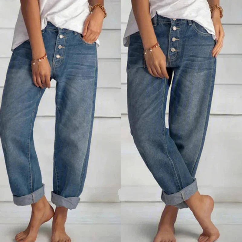 Frauen Jeans Mode Retro Hohe Taille Breite Bein Lose Gerade Hosen Große Größe Einfache und Dünne Arbeitskleidung Boyfriend-Jeans