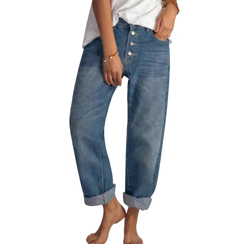 Frauen Jeans Mode Retro Hohe Taille Breite Bein Lose Gerade Hosen Große Größe Einfache und Dünne Arbeitskleidung Boyfriend-Jeans