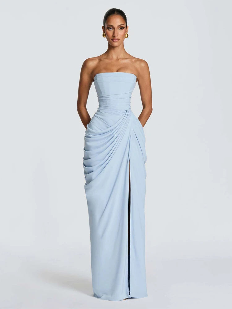 Elegantes Gelbes Trägerloses Plissiertes Kleid für Damen, Schickes Ärmelloses Tailliertes Maxikleid mit Schlitz, 2026 Damen-Abendkleider für Partys