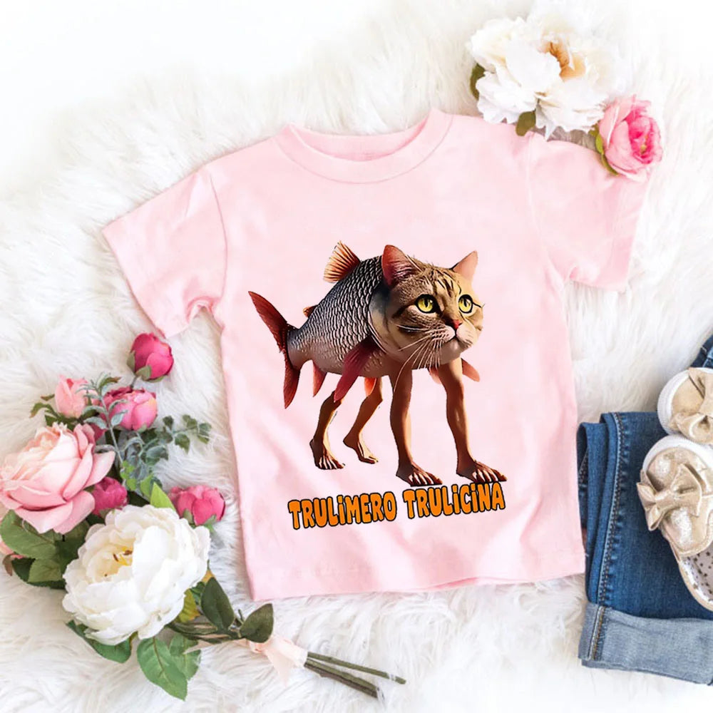 Italienische Brainrot Tiere Kinder Tung Tung Sahur Kurzarm Tops für Kinder Lustige Meme T-Shirt Sommerkleidung