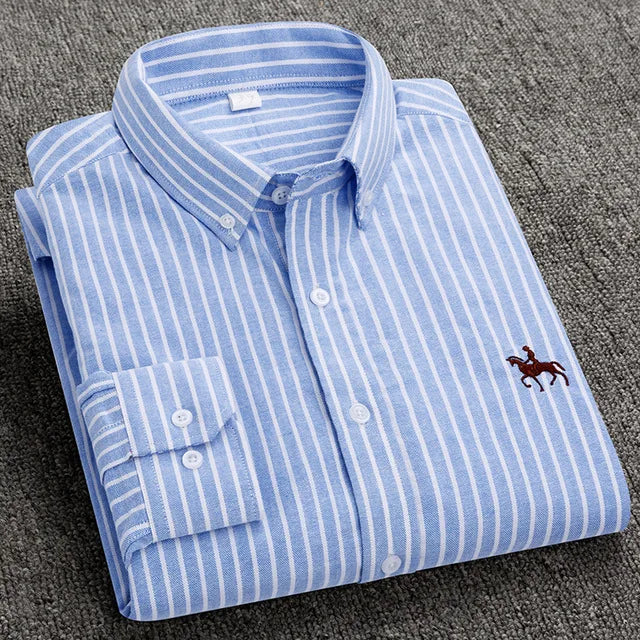 S-6XL Oxford-Hemden für Herren, langärmelig, reine Baumwolle, einfarbig, gestreift, Freizeit, bestickt, Pferd, Streetwear, Business, einfarbig, Büro, 6XL
