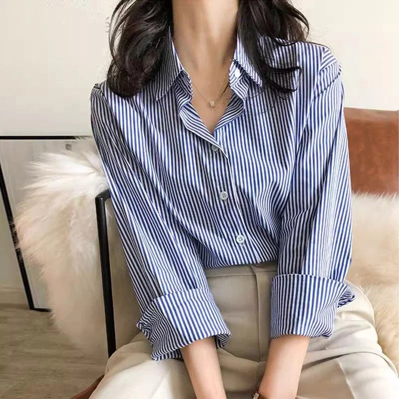 Klassische Gestreifte Frau Frühling Herbst Blusen Hemd Dame Lange Laterne Hülse Stehkragen Lose Blusas Tops