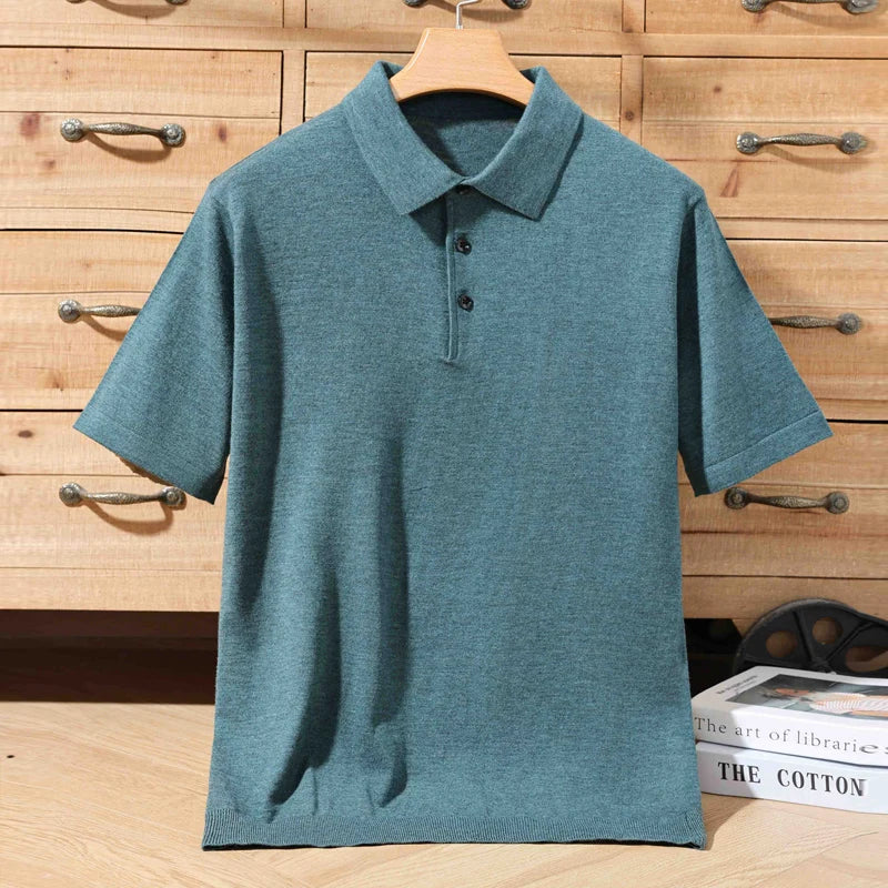 Sommer 100 % Merinowolle Herren Reverspullover Kurzarm POLO-Ausschnitt Pullover lockeres Top Business Casual Strick-T-Shirt