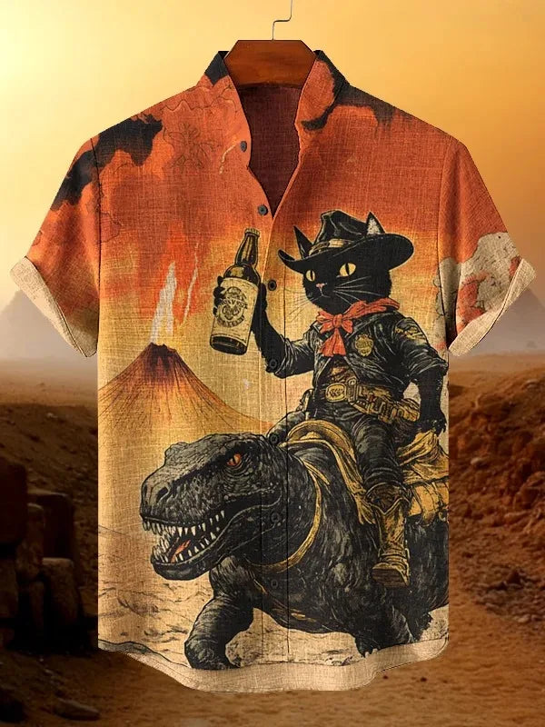 Herren-Retro-Katzenhemd mit lustigem Kalligrafie-Dinosaurier-Vulkaneruption-Print, kurzärmelig, Urlaubsmode, Vintage japanische Kleidung