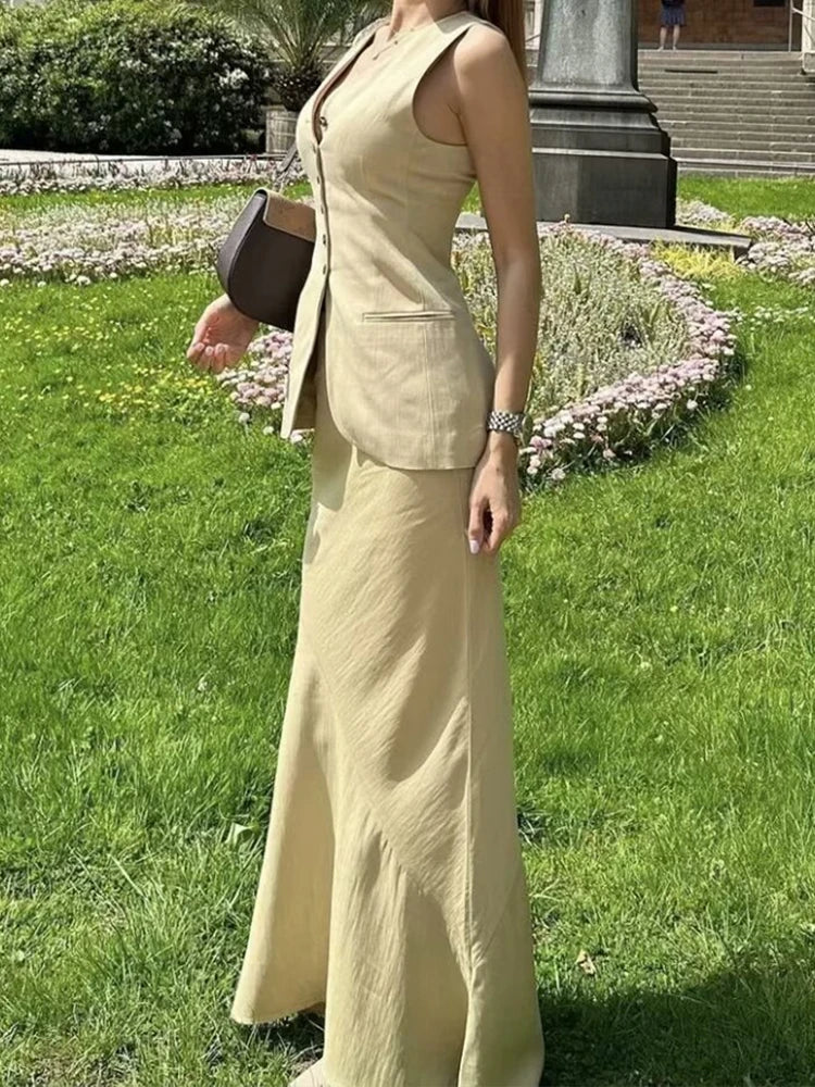 HH Frauen Weste Rock Sets Weibliche Khaki Lange Blazer Weste V-ausschnitt Ärmelloses Dünnes Top + Elegante Hohe Taille EINE linie Rock Anzug ONKOGENE