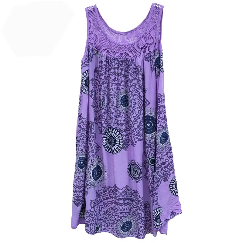 Damenbekleidung, Sommer, ärmelloses Leibchenkleid, Spitzendruck, ärmellos, große Schaukel, lockeres sexy Kleid, langer Rock, Übergröße