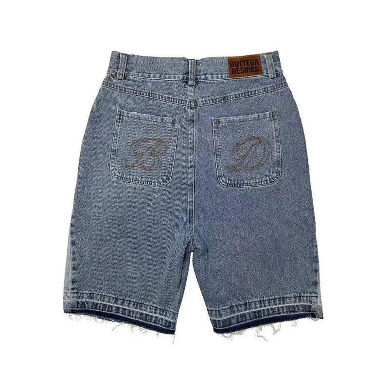 Retro Denim Shorts mit Brief Stickerei Übergroße Jeans Männer Y2k Lose Beiläufige Vielseitige Shorts Frau