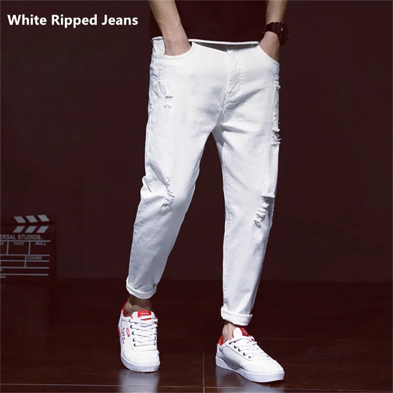 Weiße zerrissene Jeans für Herren, Harem, Jungen, Denim, Distressed, schwarze Hose, Frühling, Sommer, männlich, zerkratzt, Übergröße 40, 42, große Cowboy-Hose