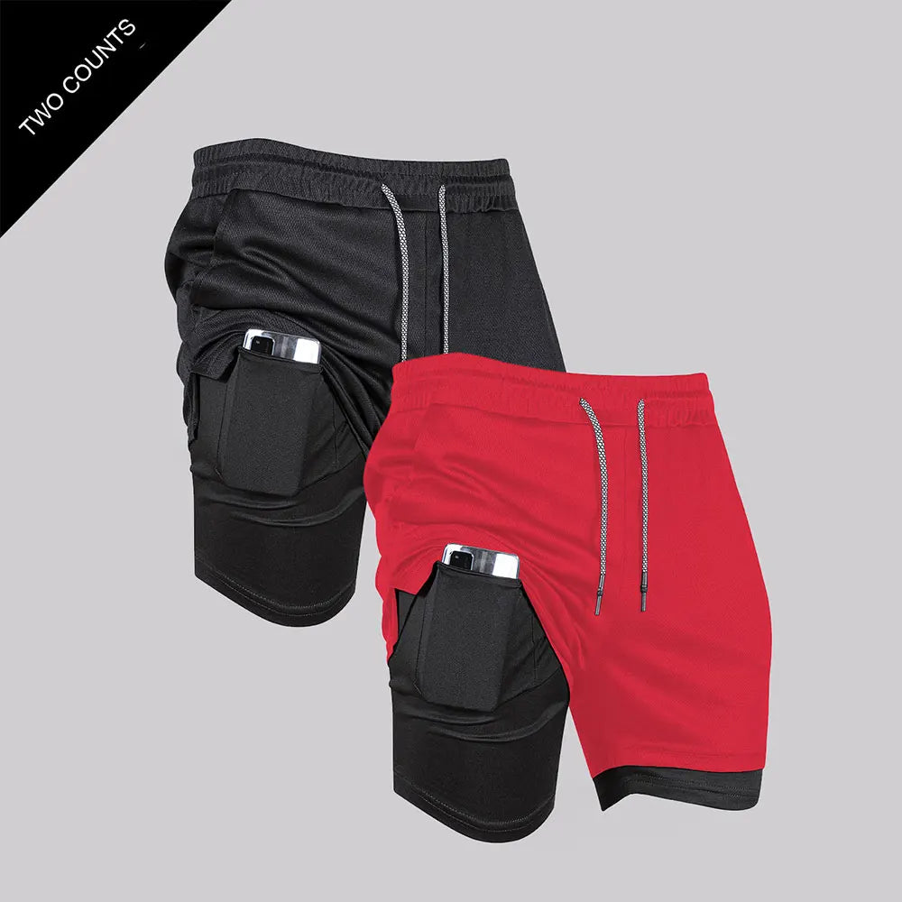 Doppelschichtige Fitness-Shorts für Herren, für Fitness, Fitnessstudio, Training, 2-in-1-Sport-Shorts, schnell trocknend, Workout, Joggen, Doppeldeck, Sommer