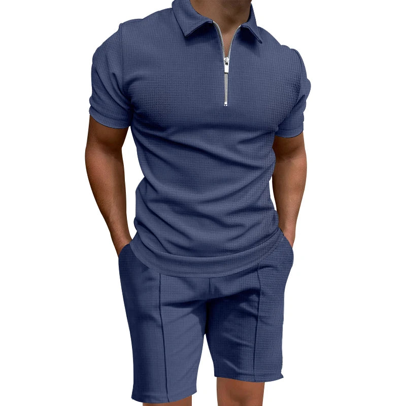 Grenzüberschreitendes  Sommer-Herren-Poloshirt-Set, einfarbig, Waffel, kurzärmelig, schmales Revers-T-Shirt, lässiges Herren-Set
