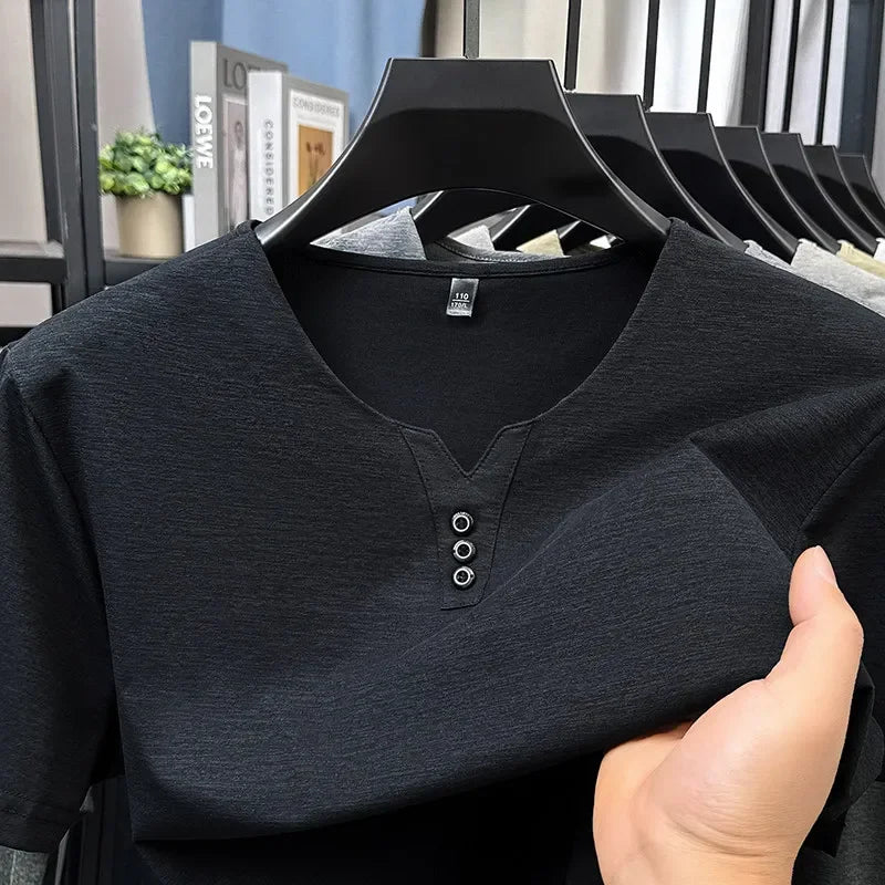 2026 neue männer Business Casual Drei Taste V-ausschnitt Kurzarm T-shirt Koreanischen Stil Sommer Komfortable Vielseitige Top