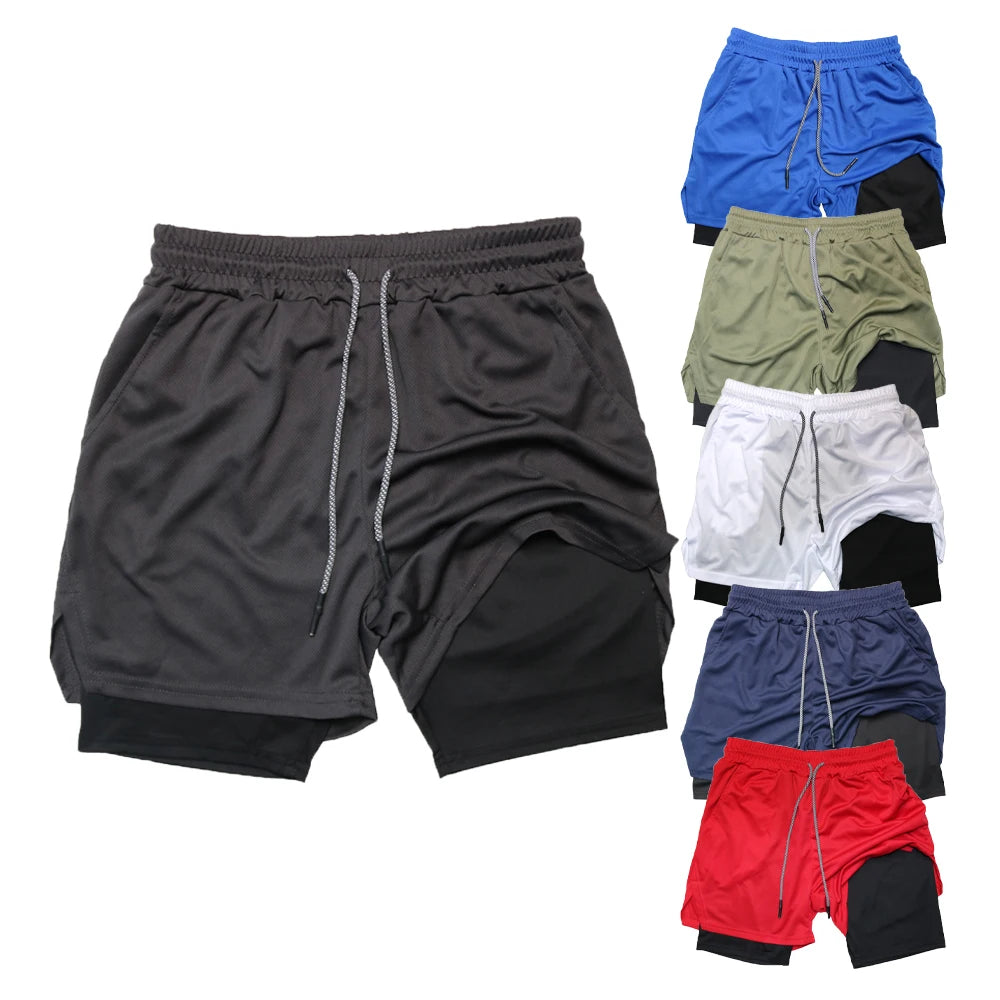 Doppelschichtige Fitness-Shorts für Herren, für Fitness, Fitnessstudio, Training, 2-in-1-Sport-Shorts, schnell trocknend, Workout, Joggen, Doppeldeck, Sommer