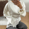 Linad Elegante Weiße Spitzenbluse mit Trompetenärmeln für Damen 2026 Vintage Satin Asymmetrische Hemden Lässige O-Ausschnitt Pullover Tops