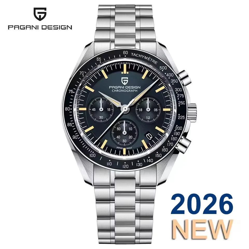 PAGANI DESIGN 2026 New Moon Herrenuhren, Luxus-Quarzuhr für Herren, VK63, Chronograph, AR-Saphirspiegel, Keramiklünette, leuchtend