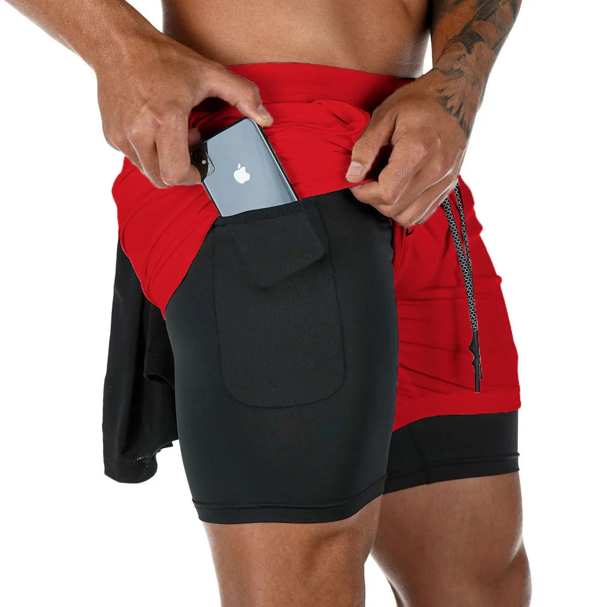 Doppelschichtige Fitness-Shorts für Herren, für Fitness, Fitnessstudio, Training, 2-in-1-Sport-Shorts, schnell trocknend, Workout, Joggen, Doppeldeck, Sommer