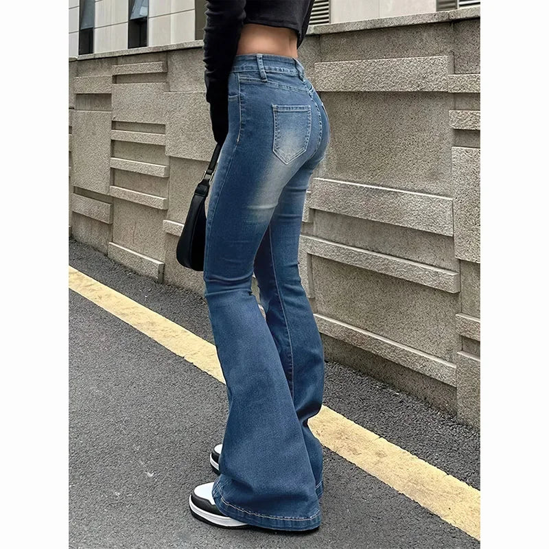 2026 Mädchen Concise Ins Hohe Taille Ausgestellte Jeans Weibliche Stretchy Bootcut Denim Hosen Frauen Einfarbig Dünne Schlaghosen