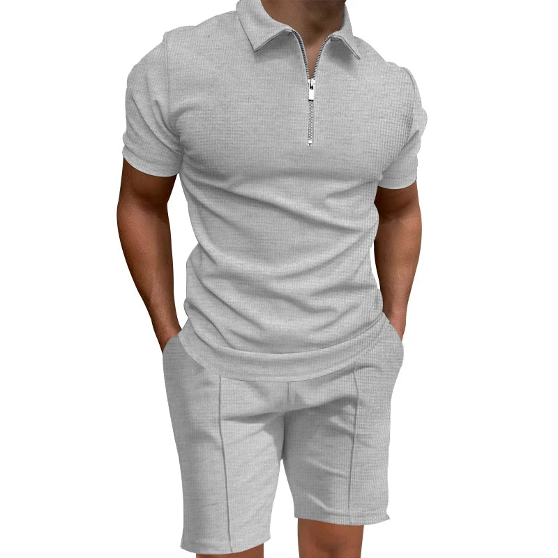 Grenzüberschreitendes  Sommer-Herren-Poloshirt-Set, einfarbig, Waffel, kurzärmelig, schmales Revers-T-Shirt, lässiges Herren-Set