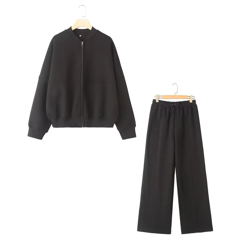 HH Damen Herbst 2-teilig Retro einfarbig Reißverschluss Bomberjacke Sweatshirt + hohe Taille Schnürung Damen Hose mit weitem Bein Street Wear