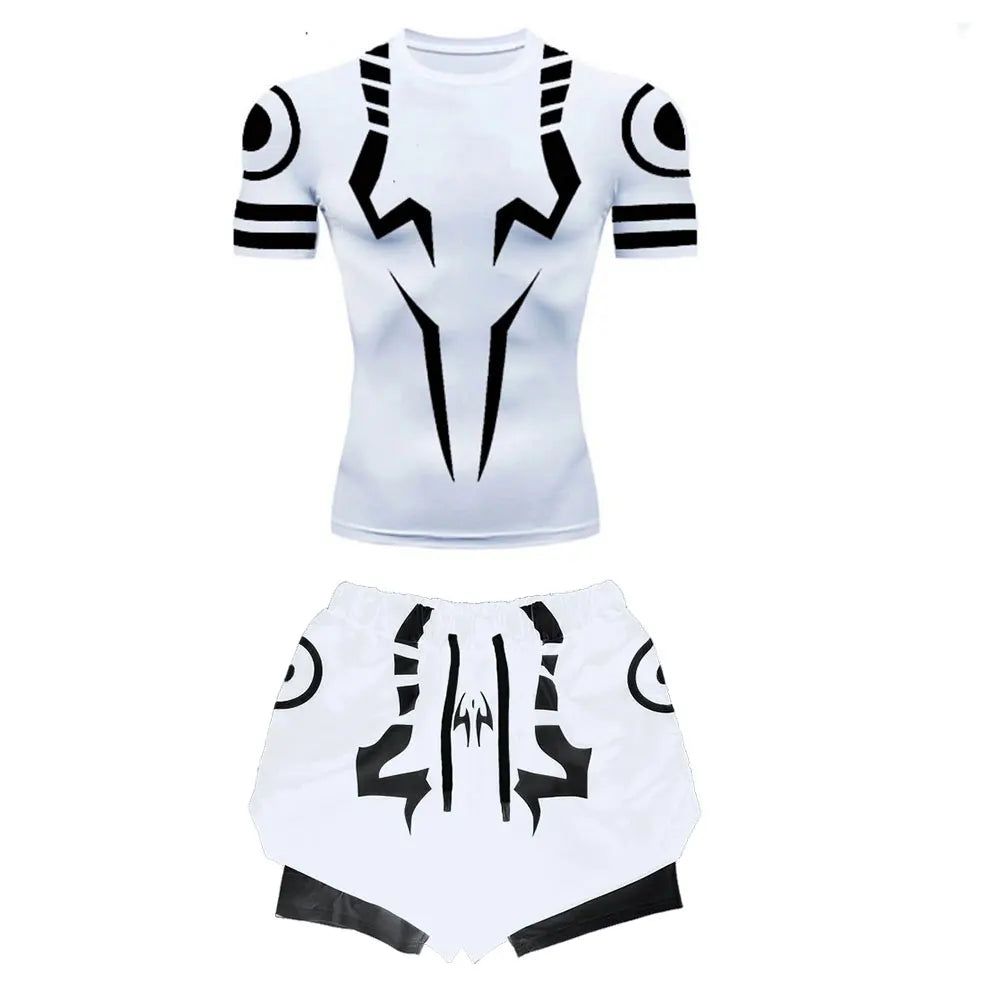Anime Jujutsu Kaisen Kompressionsset Fitnessanzug für Herren, schnell trocknendes 3D-Kompressionsshirt + Fitnessstudio-Shorts, Lauf-Workout-Sportbekleidung