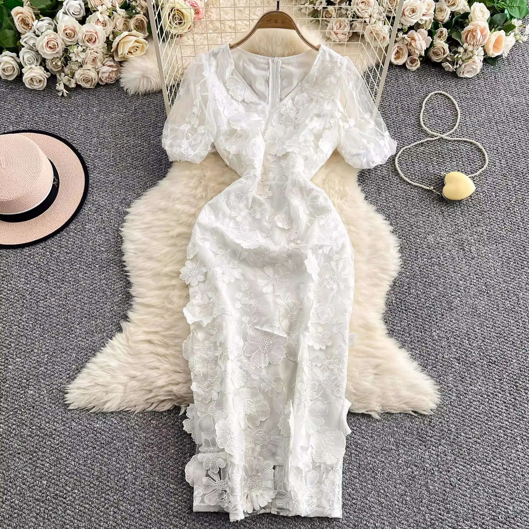 Sommer Luxus Midi Lange Kleider Party Elegante 3D Blume Stickerei Kurzarm Bleistift Tüll Prom Formale Kleid Frauen