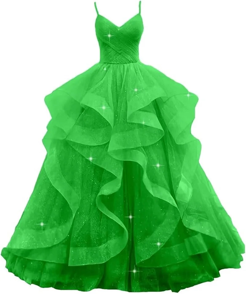 Maßgeschneiderte glitzernde Tüll-Abschlussballkleider, Spaghettiträger, Ballkleider für Frauen, bauschiges, abgestuftes, formelles Abend- und Partykleid
