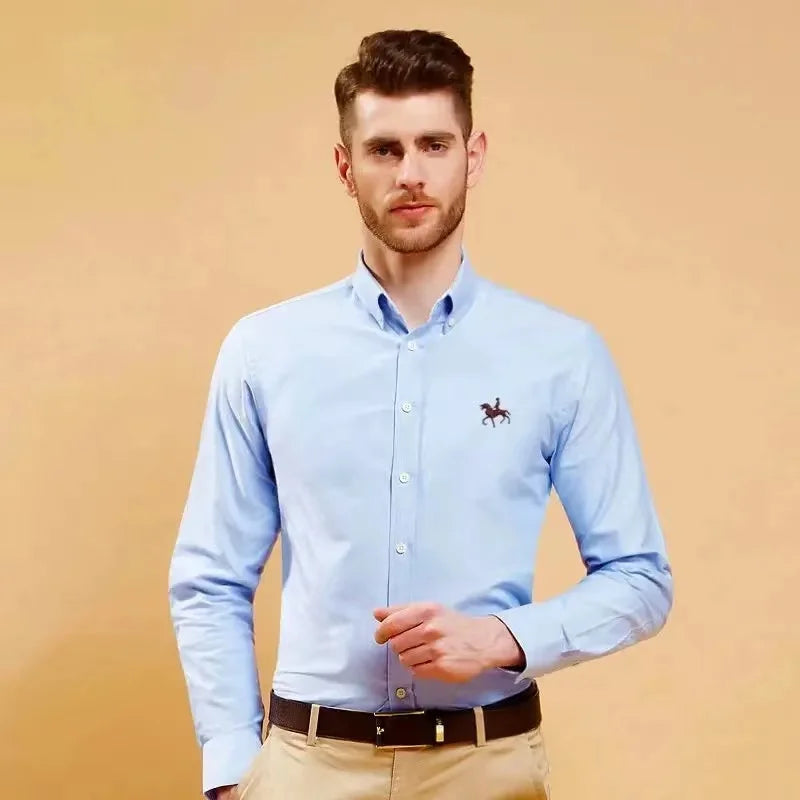 S-6XL Oxford-Hemden für Herren, langärmelig, reine Baumwolle, einfarbig, gestreift, Freizeit, bestickt, Pferd, Streetwear, Business, einfarbig, Büro, 6XL