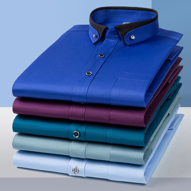 Neue Mode Frühjahr Elastische Nicht-eisen Langarm-shirt Männer der Jugend Kristall Taste Patchwork Kragen Nicht Baumwolle Business hemd Männer