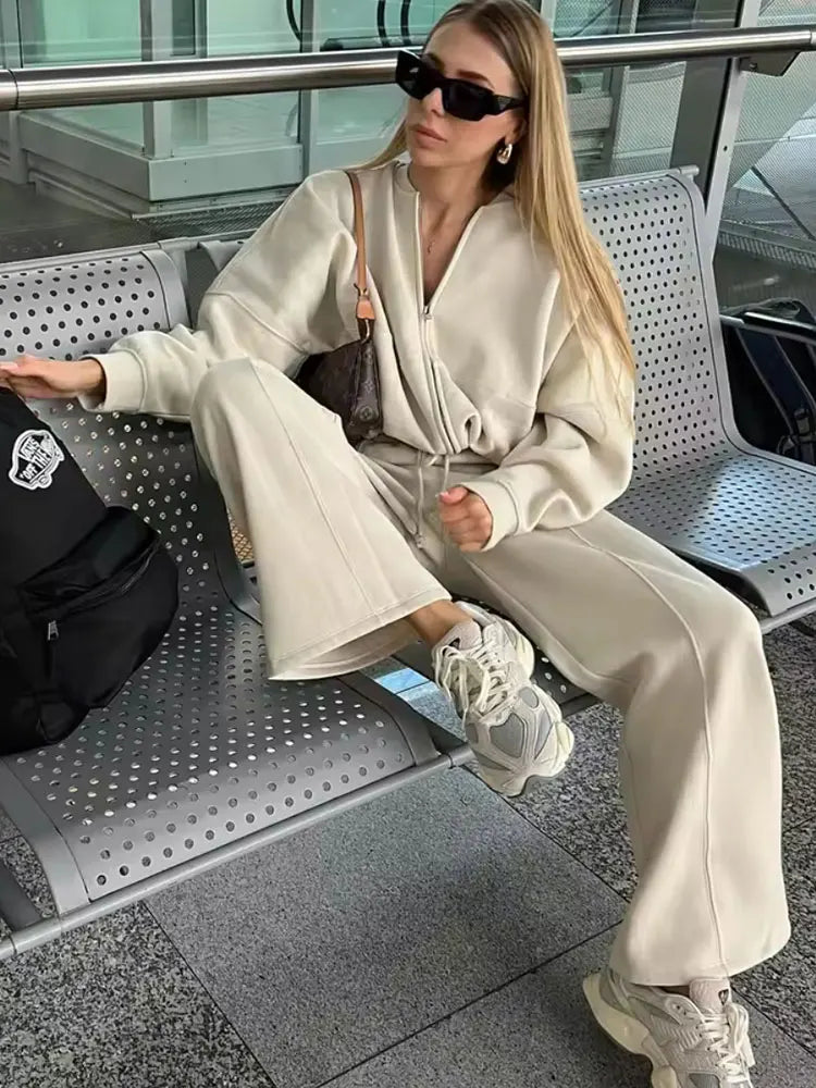HH Damen Herbst 2-teilig Retro einfarbig Reißverschluss Bomberjacke Sweatshirt + hohe Taille Schnürung Damen Hose mit weitem Bein Street Wear