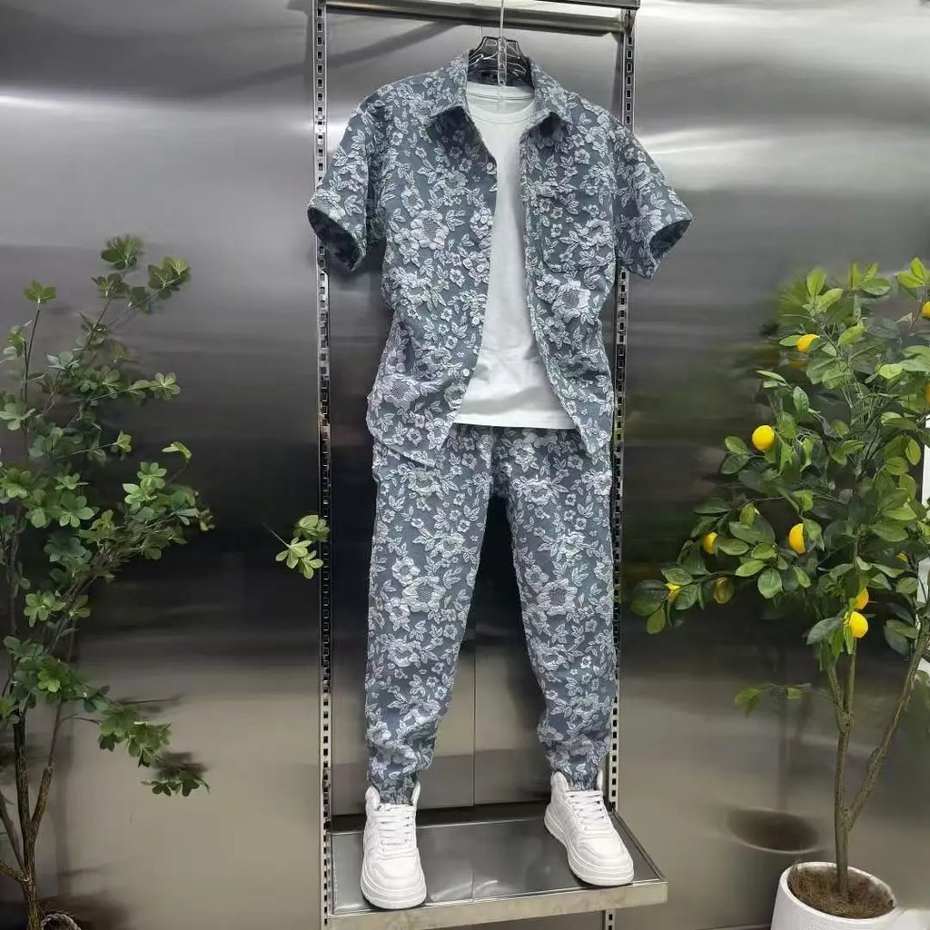 Sommer Shirts + Hosen Männer Sets Neue Männer Casual Druck Hemd Zwei Stück Herren Sportswear Jogger Trainingsanzüge Mode Anzug