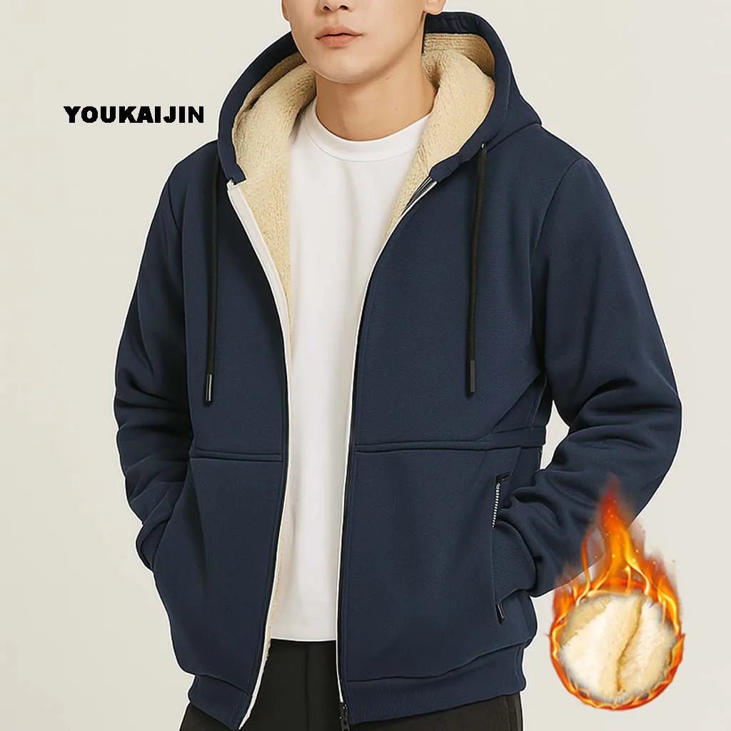 Warmer Fleece-Kapuzenpullover für Herren, Herbst und Winter, mit Sherpa gefüttert, durchgehender Reißverschluss, einfarbig, Sweatshirt-Jackenmantel