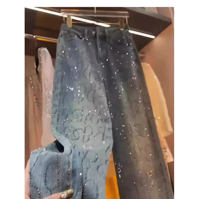 Jeans Frauen Denim Breite Bein Hosen Diamanten Hohe Taille Taschen Bodenlangen Distressed Gewaschen Gerade Hosen Streetwear