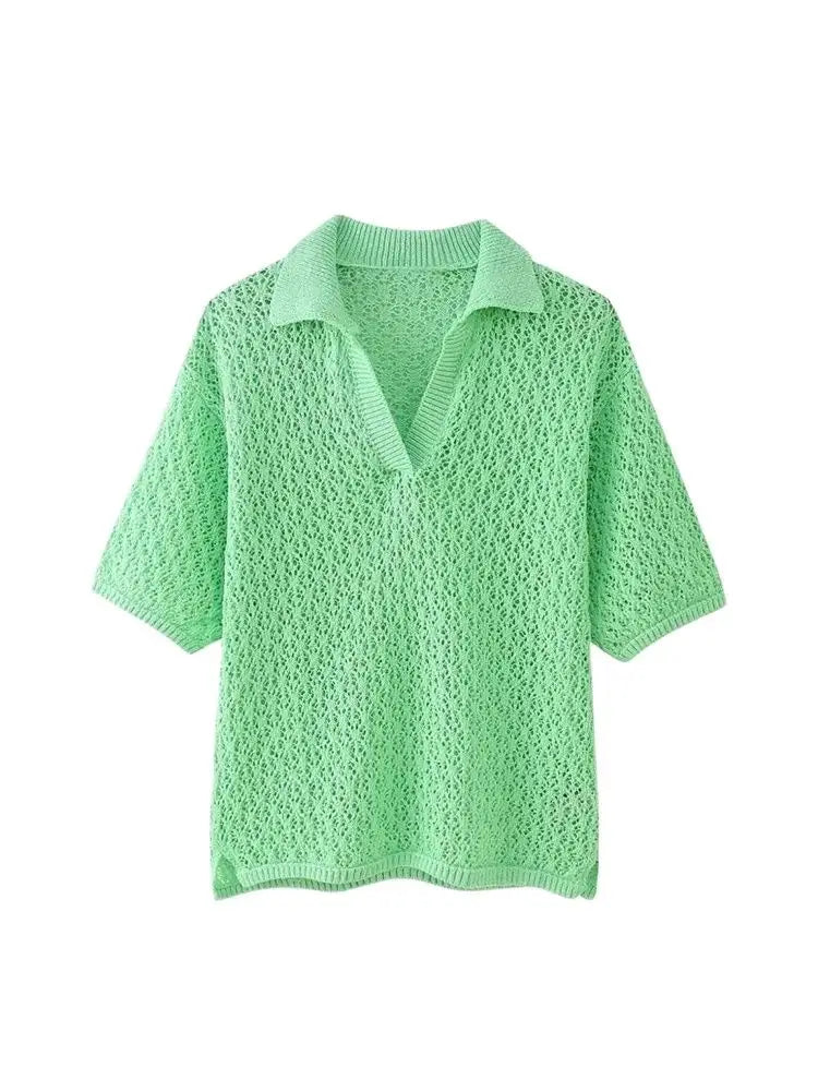 Frauen Mode Pointelle Stricken Lose Pullover Polo Kragen Kurzarm Weibliche Pullover Chic Tops
