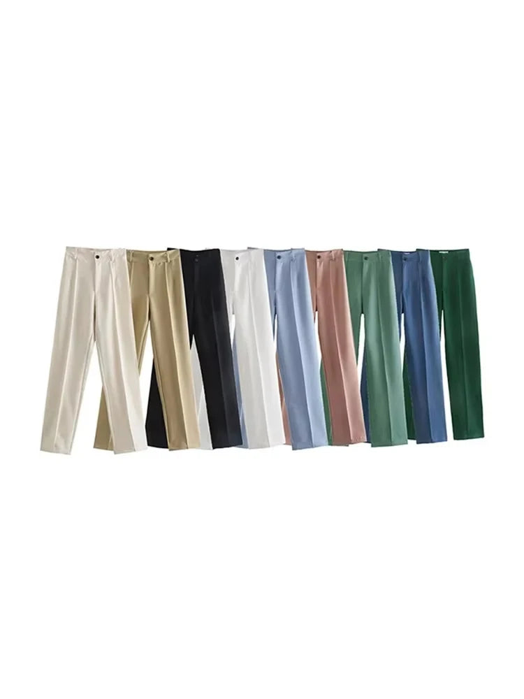 Frauen Chic Mode Büro Tragen Gerade Hosen Vintage Hohe Taille Zipper Fliegen Weibliche Hose Mujer