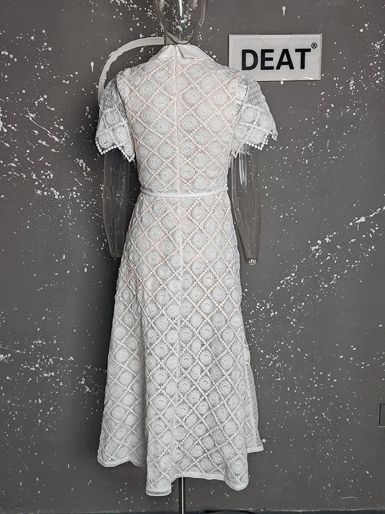 DEAT Elegantes Kleid Spitze Gaze Gespleißt Einfarbig Umlegekragen Kurzarm Schlanke frauen Kleider 2025, Frühjahr Neue 15DZ285