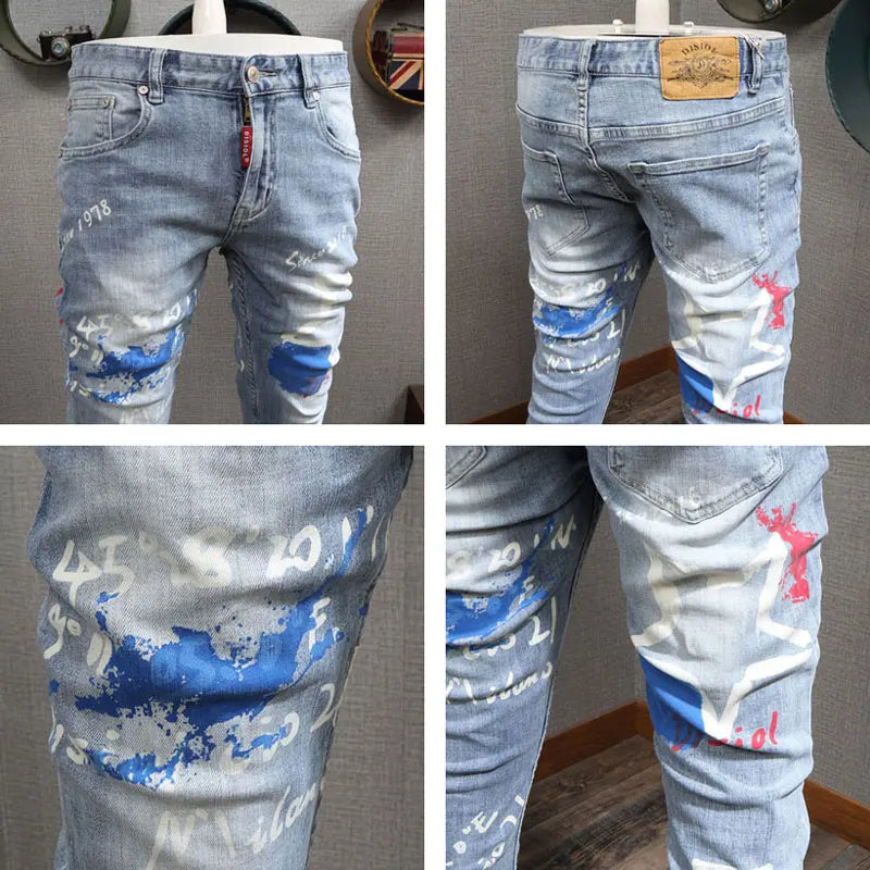 Designer-Mode,Herren-Jeans, mit Buchstaben bedruckt, gewaschen, nostalgisch, Stretch, schmale Passform, Retro, hellblaue Jeans, Hip-Hop-Marke, hohe Qualität