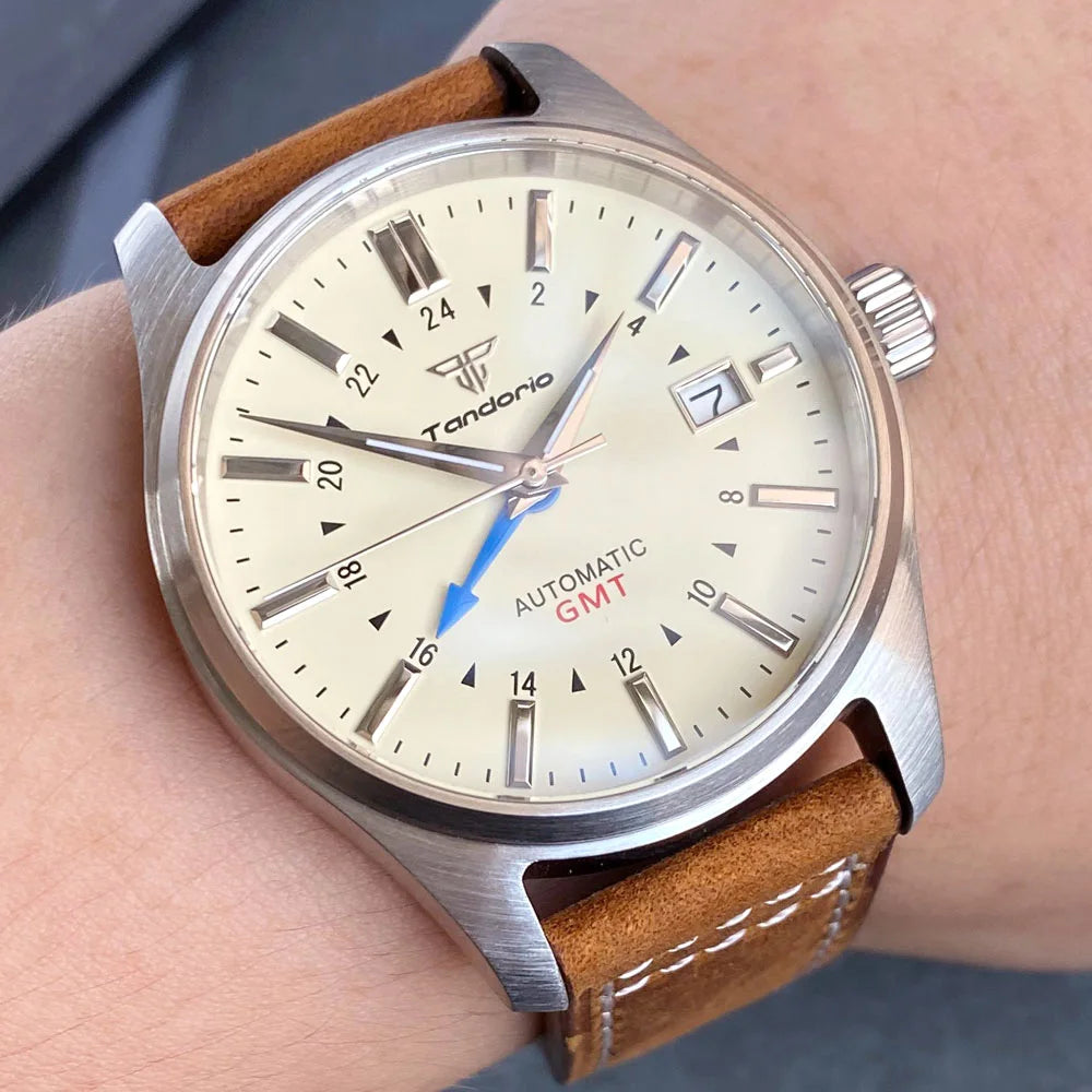 Tandorio Japan NH34 automatische mechanische Uhr für Herren, Taucher-GMT-Uhrwerk, 200 m wasserdicht, 39 mm Saphirglas-Lederband